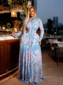 Detail view of long-sleeved tie-dye mesh maxi dress with high neck and button front - S / Dresses / Pink