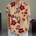 Women's loose floral print short sleeve polo shirt with red and white flowers on beige - S / Tops / Red and White Floral (Pattern 41)