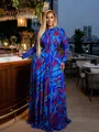 Elegant long sleeve mesh maxi dress with vibrant blue and red geometric tie-dye print - S / Dresses / Blue