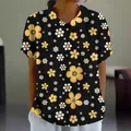 Casual women's short-sleeve shirt with yellow and white floral print on black background - S / Tops / Black Base Yellow-White Floral (Pattern 46)