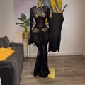 Sexy schwarzes Langarm-Netzkleid mit floraler Beflockung und passendem Unterkleid - S / Kleider / Schwarz