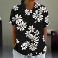 Casual loose black short sleeve shirt for women featuring white daisy floral print - S / Tops / Black Base White Daisy (Pattern 47)