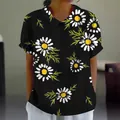 Casual black short-sleeved top with white daisy print and lapel collar for women. - S / Tops / Black with White Daisy Print (Pattern 48)