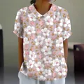 Women's casual loose-fit lapel short sleeve top featuring white and pink floral patterns - S / Tops / Light Lavender Gray Floral (Pattern 26)