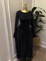 Elegant black long-sleeve evening dress with pleated details and wood ear ruffles. - S / Dresses / Black