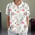 Women's casual short sleeve lapel blouse with vintage floral daisy print patterns - S / Tops / Ivory White with Purple Daisy Floral (Pattern 34)