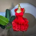 Detail of vibrant red ruffled mini dress with sweet temperament and bubble skirt - S / Dresses / Red