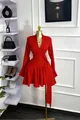 Elegant red long-sleeve mini dress featuring a suit collar and a pleated flared skirt style - 3XL / Dresses / Red