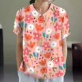 Casual pink short-sleeve lapel shirt for women with a vibrant daisy floral print - S / Tops / Pink with Daisy Floral (Pattern 27)