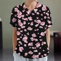Womens casual black short sleeve blouse with pink cherry blossom print and lapel - S / Tops / Black with Pink Cherry Blossom Print (Pattern 45)