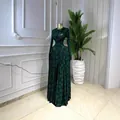 Elegante vestido maxi de malla estampada verde de manga larga con capa interior - S / Conjuntos / Verde Oscuro