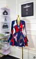 Elegant abstract print long sleeve mini dress with V-neck and pleated skirt for women - S / Dresses / Blue