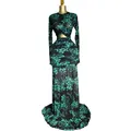 Elegant long sleeve floral mesh maxi dress with waist cut-out and ruched details. - M / Dresses / Green