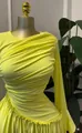 Elegant yellow long sleeve ruched dress with ruffled trim and high stretch fabric. - S / Dresses / Yellow