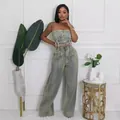 Elegante conjunto de dos piezas de denim lavado con top de corsé y pantalón ancho. - S / Top Y Pantalón / Gris