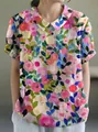Women's loose casual colorful floral print short sleeve shirt with classic lapel collar - S / Tops / Multicolor Abstract Floral (Pattern 49)