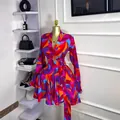 Women's long sleeve vibrant abstract print mini dress with blazer collar and belt - S / Dresses / Red