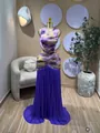 Detailed view of sleeveless tie-dye maxi dress with purple pleated skirt patchwork - S / Dresses / Purple