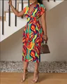 Slim fit V-neck dress featuring a vibrant multi-colored abstract swirl pattern for women - S / Dresses / Colorful Floral