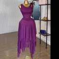 Elegant purple two-piece set with sleeveless top and irregular hem skirt displayed - S / Top And Bottom / Purple