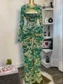 Sexy long sleeve printed maxi dress with waist ruching and chest cut-out detail. - S / Dresses / Green