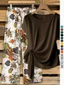 Casual women's 2-piece outfit featuring a twist-knot top and floral wide-leg pants - Coffee