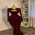 Red and black floral print long sleeve cutout pleated maxi dress on mannequin - S / Dresses / Dark Red