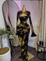 Elegant floral print long sleeve mesh dress with sexy cut-out and ruched details. - 2XL / Dresses / Black