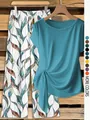Casual two-piece set featuring a knotted short sleeve top and floral print wide-leg pants - Teal