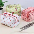 Set of quilted floral and cherry print cosmetic bags with ruffled edges for travel - Cherry Print Style / 17.5*10.5*10cm / White