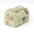 Floral quilted makeup bag in light yellow featuring pink roses and ruffled edges for travel - Rose Floral Style / 17.5*10.5*10cm / Yellow