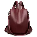 Burgundy leather anti-theft backpack for women with textured finish and large capacity - Red