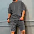 Detailed view of men's charcoal grey oversized cargo t-shirt and multi-pocket shorts set - M / Top And Bottom / Dark Gray
