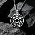 Men's silver titanium steel round pendant necklace with carved Six-Syllable Mantra. - Pendant with Chain / 60CM