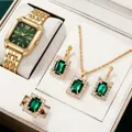 Élégante montre en or pour femme et parure de bijoux en pierre verte avec collier et bague - Parure de bijoux 5 pièces avec cadran vert (12+饰品套装)
