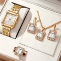 Élégant ensemble-cadeau montre carrée dorée et bijoux en cristal dans une boîte de luxe - Parure de bijoux 5 pièces avec cadran rose (11+饰品套装)
