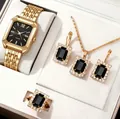 Parure montre carrée dorée avec collier boucles d'oreilles et bague en pierre noire - Parure de bijoux 5 pièces avec cadran noir (10+饰品套装)