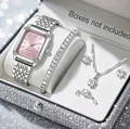 Eleganter silberner Uhren- und Kristallschmucksatz mit rosa Zifferblatt und Armband - Einheitsgröße / Uhren-Schmuckset 5-teilig mit rosa Zifferblatt und silbernem quadratischem Gehäuse (1+)