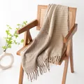 Elegant checkered plaid scarf in warm oatmeal beige tones draped on a wooden chair - Beige (FH24-5774-5) / 180*70cm