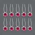 Set of 10 elegant pink rose rhinestone U-shaped hair pins for wedding hairstyling - Red Small Flower Luxury (HS-J6513RED)