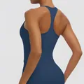 Rear view of a solid blue racerback yoga tank top featuring quick-dry fitness fabric - S / Top (7151) / Navy Blue