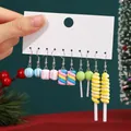 Detailed view of five pairs of colorful candy-themed Christmas earrings displayed on a card - 5 Pairs Set / Sweet Candy Shape Set (style49)
