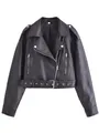 Detail of black faux leather biker jacket with silver zippers and notched lapels - XS / Tops / Black