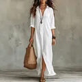 Detailed look at bohemian white oversized maxi shirt dress with long sleeves and buttons. - 1XL / Dresses / White