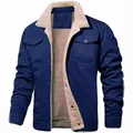 Navy men's cargo jacket with warm faux shearling lining and functional chest pockets - S / Tops / Dark Blue