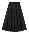 Detail view of a black pleated tiered A-line midi skirt with elastic waist - S / Bottoms / Black