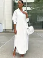 Full body view of a stylish plus size long sleeve white maxi shirt dress for women - S / Tops / White