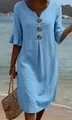 Detail view of light blue cotton linen V-neck dress with decorative wooden buttons - S / Dresses / Sky Blue