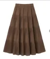Macro detail view of a chocolate brown tiered pleated A-line midi skirt for winter - S / Bottoms / Coffee