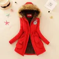 Red mid-length hooded parka for women featuring warm fleece lining and elegant faux fur trim - S / Tops / Red